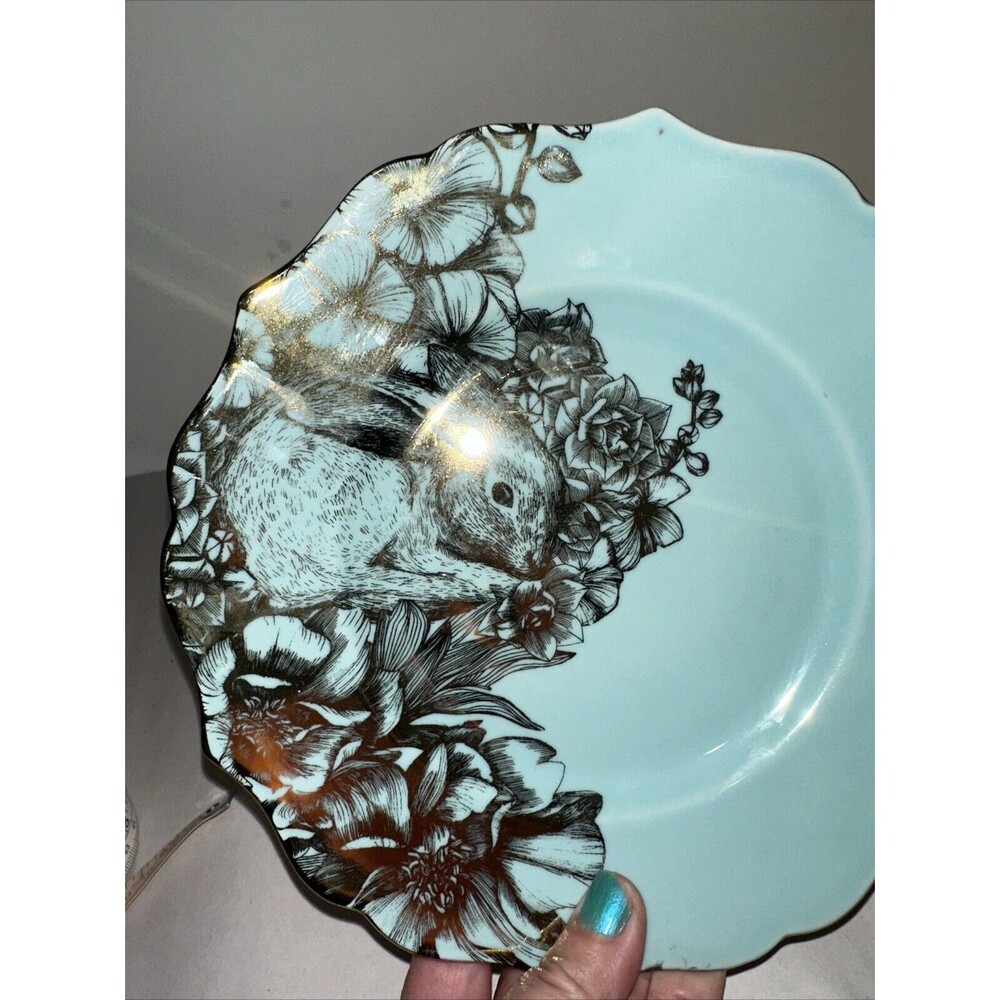 222 FIFTH GARDEN PLAYTIME BUNNY GOLD & TURQUOISE 8.5" Salad Plate - Picture 7 of 9